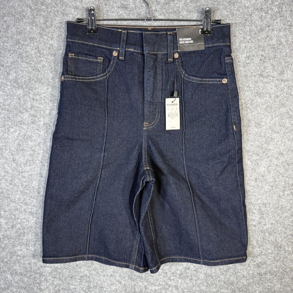 Express Women's 90s Bermuda Super High Rise Jean Shorts Dark Wash Size 0 NEW